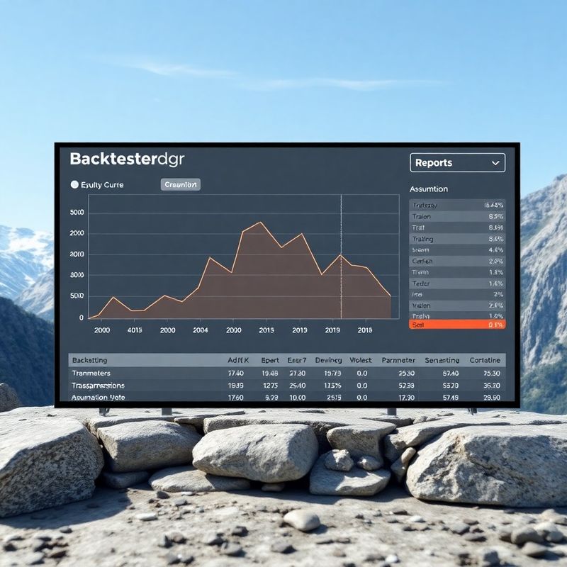 Backtesting report screen with equity curve and parameter sensitivity heat map